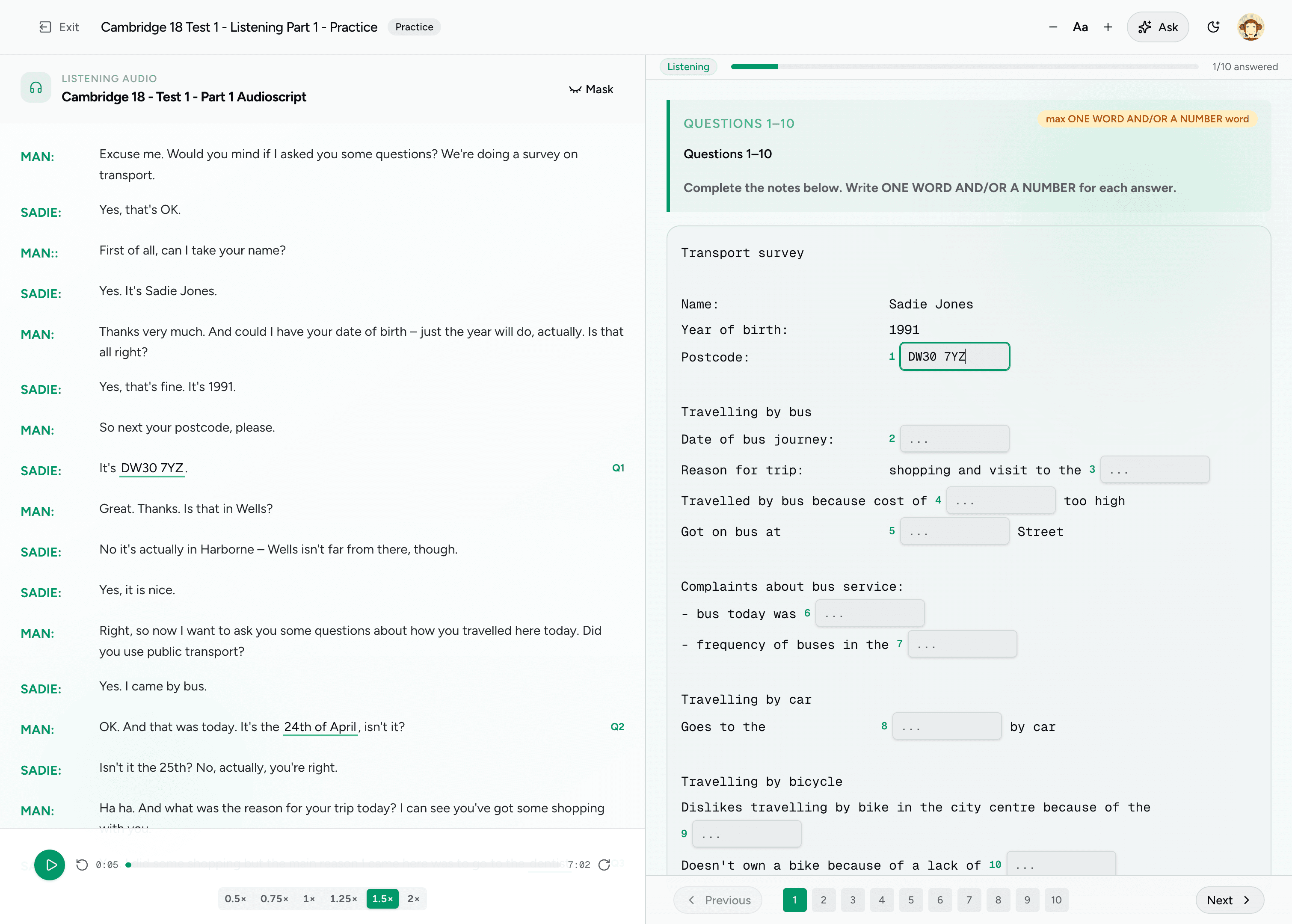 IELTS Listening audio player and question panel in LingoForge