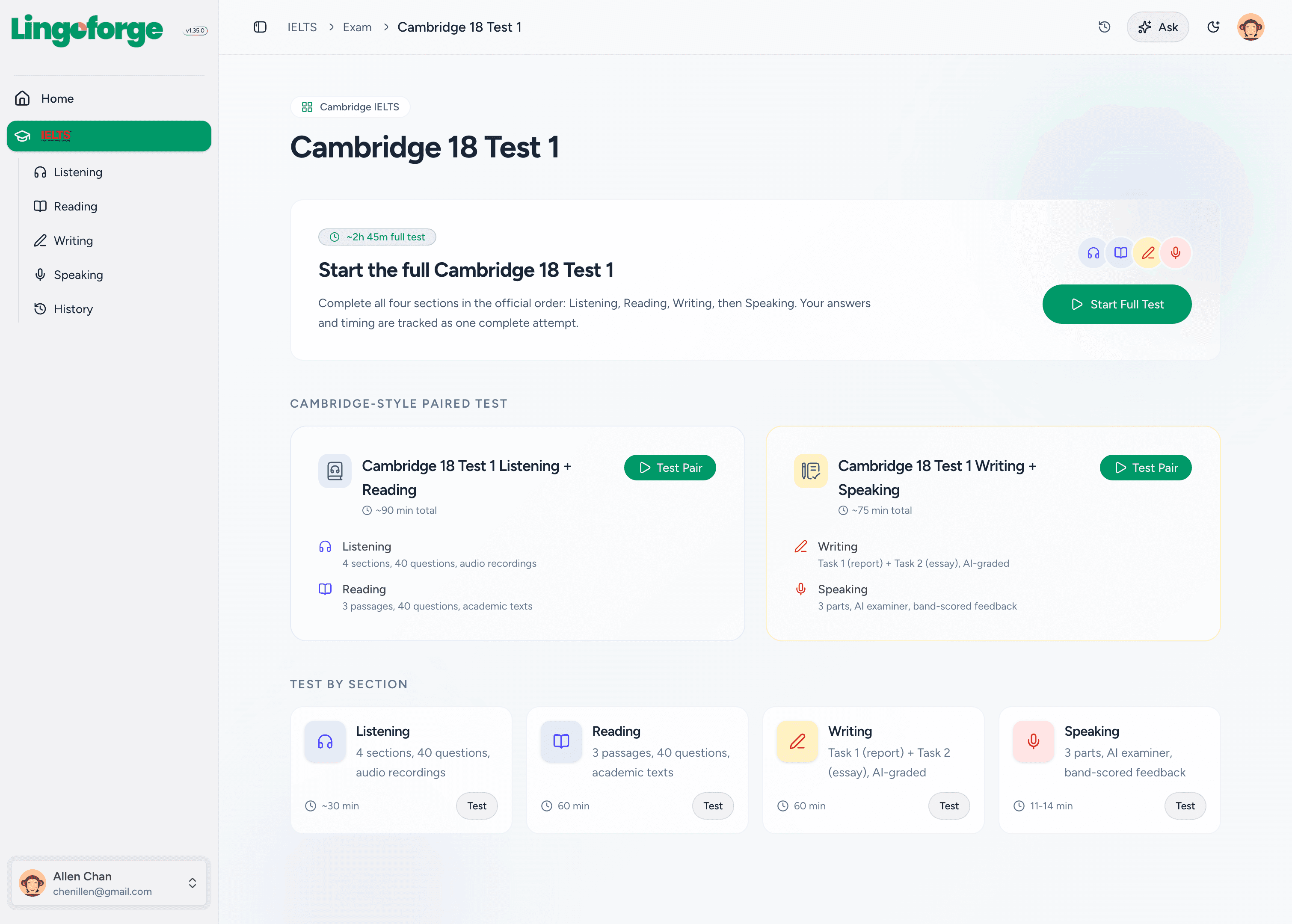 IELTS mock test start dashboard in LingoForge