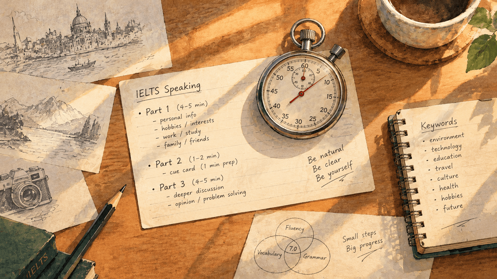 Vintage stopwatch on an IELTS cue card with handwritten notes, symbolizing timed speaking practice