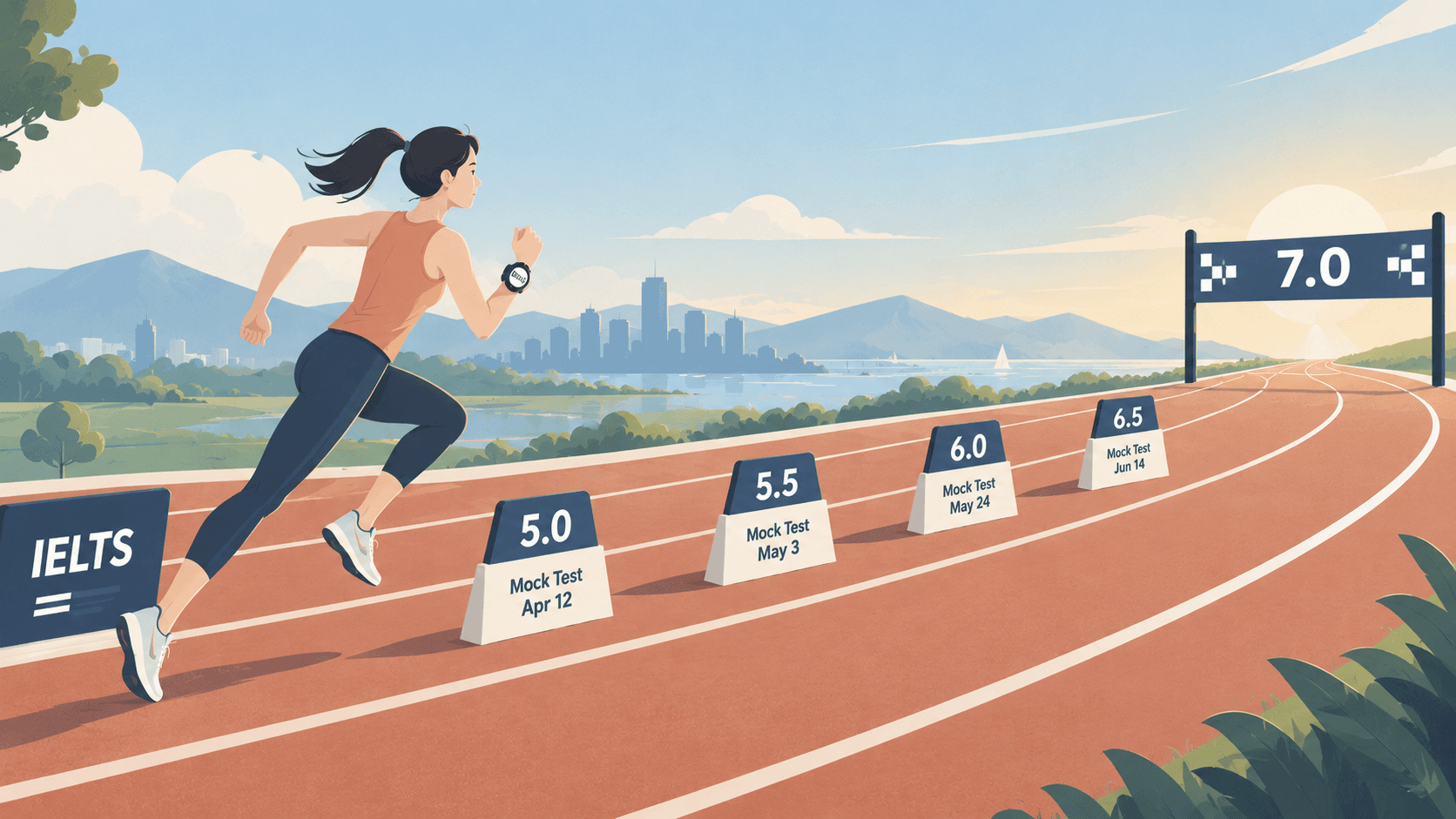 Illustration of a runner on a track passing IELTS mock test milestones leading to a 7.0 band score