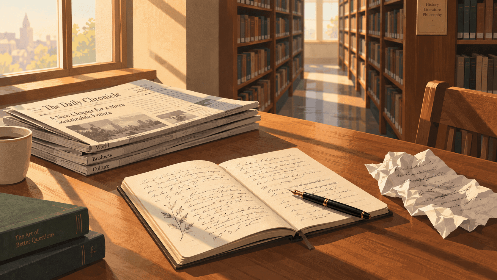 Stack of newspapers and a handwritten vocabulary journal on a desk, symbolizing offline IELTS writing practice